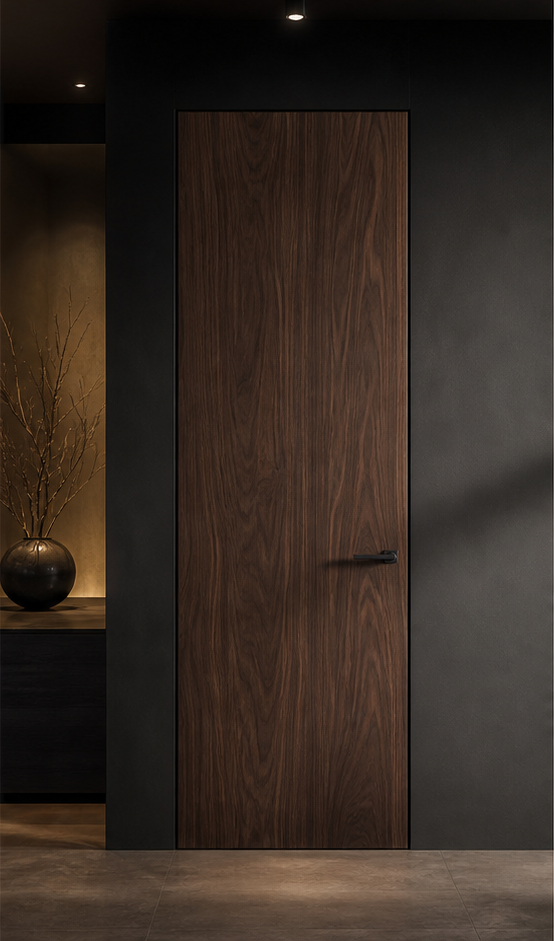 Minimal wooden oak door in a dark interior